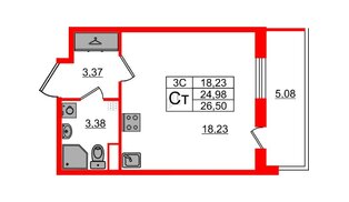 Квартира в ЖК «Парадный ансамбль», студия, 24.98 м², 2 этаж