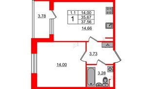 Квартира в ЖК «Парадный ансамбль», 1 комнатная, 35.67 м², 2 этаж