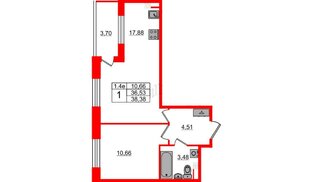 Квартира в ЖК «Парадный ансамбль», 1 комнатная, 36.53 м², 4 этаж