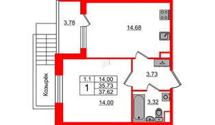 Квартира в ЖК «Парадный ансамбль», 1 комнатная, 35.73 м², 1 этаж