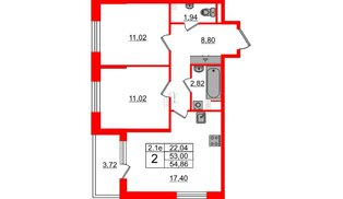 Квартира в ЖК «Парадный ансамбль», 2 комнатная, 53 м², 3 этаж