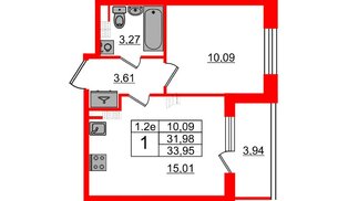 Квартира в ЖК «Парадный ансамбль», 1 комнатная, 31.98 м², 5 этаж