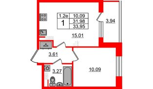 Квартира в ЖК «Парадный ансамбль», 1 комнатная, 31.98 м², 5 этаж