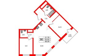 Квартира в ЖК «Стороны Света 2», 2 комнатная, 66 м², 12 этаж