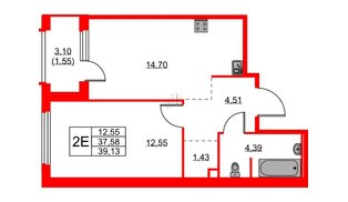 Квартира в ЖК GloraX Парголово, 1 комнатная, 39.13 м², 14 этаж