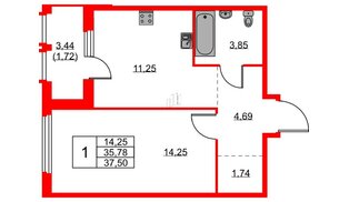 Квартира в ЖК «Парголово», 1 комнатная, 37.5 м², 2 этаж