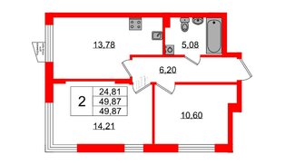 Квартира в ЖК VEREN NORT Сертолово, 2 комнатная, 49.87 м², 2 этаж