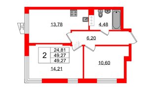 Квартира в ЖК VEREN NORT Сертолово, 2 комнатная, 49.27 м², 4 этаж