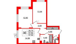 Квартира в ЖК «ВЕРЕН НОРТ Сертолово», 2 комнатная, 57.62 м², 4 этаж