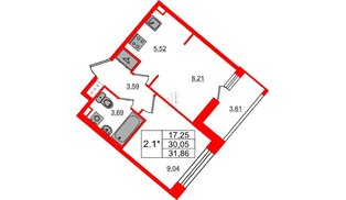 Квартира в ЖК Pulse Premier, 2 комнатная, 30.05 м², 4 этаж