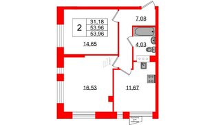 Квартира в ЖК VEREN NORT Сертолово, 2 комнатная, 53.96 м², 2 этаж