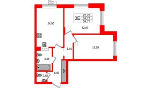 Квартира в ЖК «ВЕРЕН НОРТ Сертолово», 2 комнатная, 57.71 м², 2 этаж