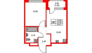 Квартира в ЖК GloraX Новоселье, 1 комнатная, 34.57 м², 8 этаж