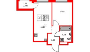 Квартира в ЖК GloraX Новоселье, 1 комнатная, 35.81 м², 9 этаж