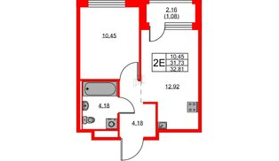 Квартира в ЖК GloraX Новоселье, 1 комнатная, 32.81 м², 9 этаж