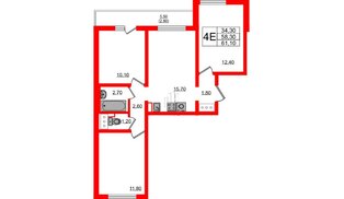 Квартира в ЖК «Цветной город», 3 комнатная, 61.1 м², 19 этаж