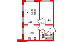 Квартира в ЖК 'Цветной город', 2 комнатная, 45.5 м², 3 этаж