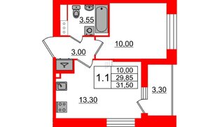 Квартира в ЖК «Бионика Заповедная», 1 комнатная, 29.85 м², 11 этаж