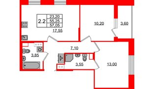 Квартира в ЖК «Бионика Заповедная», 2 комнатная, 55.25 м², 12 этаж