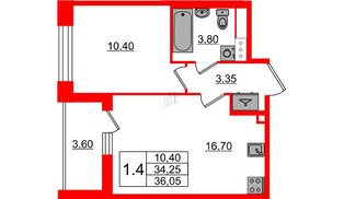 Квартира в ЖК «Бионика Заповедная», 1 комнатная, 34.25 м², 2 этаж