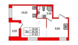 Квартира в ЖК «Бионика Заповедная», студия, 30.35 м², 12 этаж