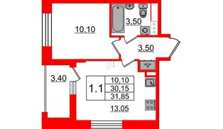 Квартира в ЖК «Бионика Заповедная», 1 комнатная, 30.15 м², 8 этаж