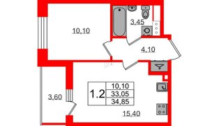 Квартира в ЖК «Бионика Заповедная», 1 комнатная, 33.05 м², 3 этаж