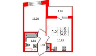 Квартира в ЖК «Бионика Заповедная», 1 комнатная, 34.1 м², 3 этаж