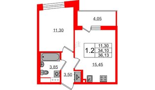 Квартира в ЖК «Бионика Заповедная», 1 комнатная, 34.1 м², 12 этаж