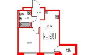 Квартира в ЖК GloraX Новоселье, 1 комнатная, 36.04 м², 6 этаж