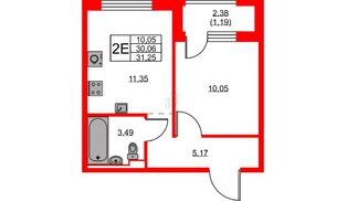 Квартира в ЖК GloraX Новоселье, 1 комнатная, 31.25 м², 9 этаж