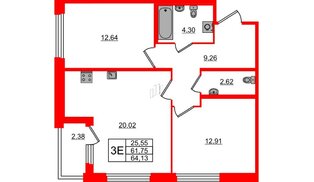 Квартира в ЖК Квартал Б15, 2 комнатная, 61.75 м², 3 этаж