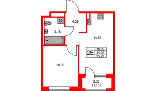 Квартира в ЖК GloraX Новоселье, 1 комнатная, 35.27 м², 9 этаж