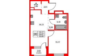 Квартира в ЖК GloraX Новоселье, 1 комнатная, 35.68 м², 9 этаж