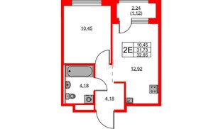Квартира в ЖК GloraX Новоселье, 1 комнатная, 32.85 м², 6 этаж