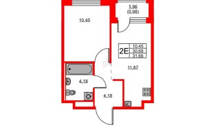 Квартира в ЖК GloraX Новоселье, 1 комнатная, 31.66 м², 6 этаж
