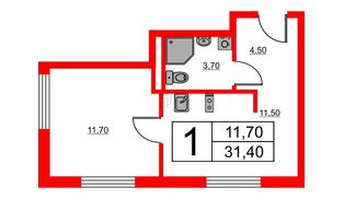 Апартаменты в ЖК «Авеню Апарт Пулково», 1 комнатные, 31.4 м², 8 этаж
