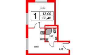 Апартаменты в ЖК «Авеню Апарт Пулково», 1 комнатные, 30.4 м², 4 этаж