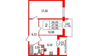 Квартира в ЖК Sertolovo Park, 2 комнатная, 47.6 м², 7 этаж
