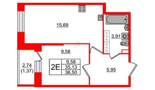 Квартира в ЖК «Живи в Рыбацком», 1 комнатная, 35.13 м², 18 этаж