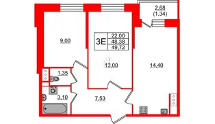 Квартира в ЖК Живи в Рыбацком, 2 комнатная, 48.38 м², 3 этаж