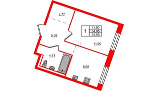 Квартира в ЖК Квартал Лаголово, 1 комнатная, 34.05 м², 1 этаж