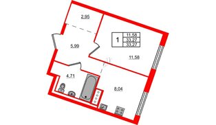 Квартира в ЖК Квартал Лаголово, 1 комнатная, 33.27 м², 8 этаж