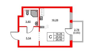 Квартира в ЖК Новое Колпино, студия, 26.45 м², 7 этаж
