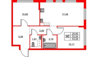 Квартира в ЖК «Новое Колпино», 2 комнатная, 53.26 м², 5 этаж