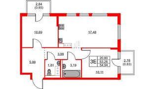 Квартира в ЖК «Новое Колпино», 2 комнатная, 54.94 м², 7 этаж