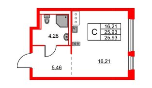Квартира в ЖК Новое Колпино, студия, 25.93 м², 10 этаж