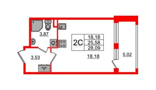 Квартира в ЖК «Дворцовый фасад», студия, 25.58 м², 2 этаж