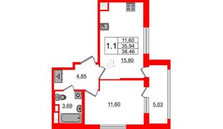 Квартира в ЖК «Дворцовый фасад», 1 комнатная, 35.94 м², 3 этаж