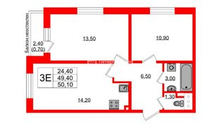 Квартира в ЖК Ржевский парк, 2 комнатная, 50.1 м², 3 этаж